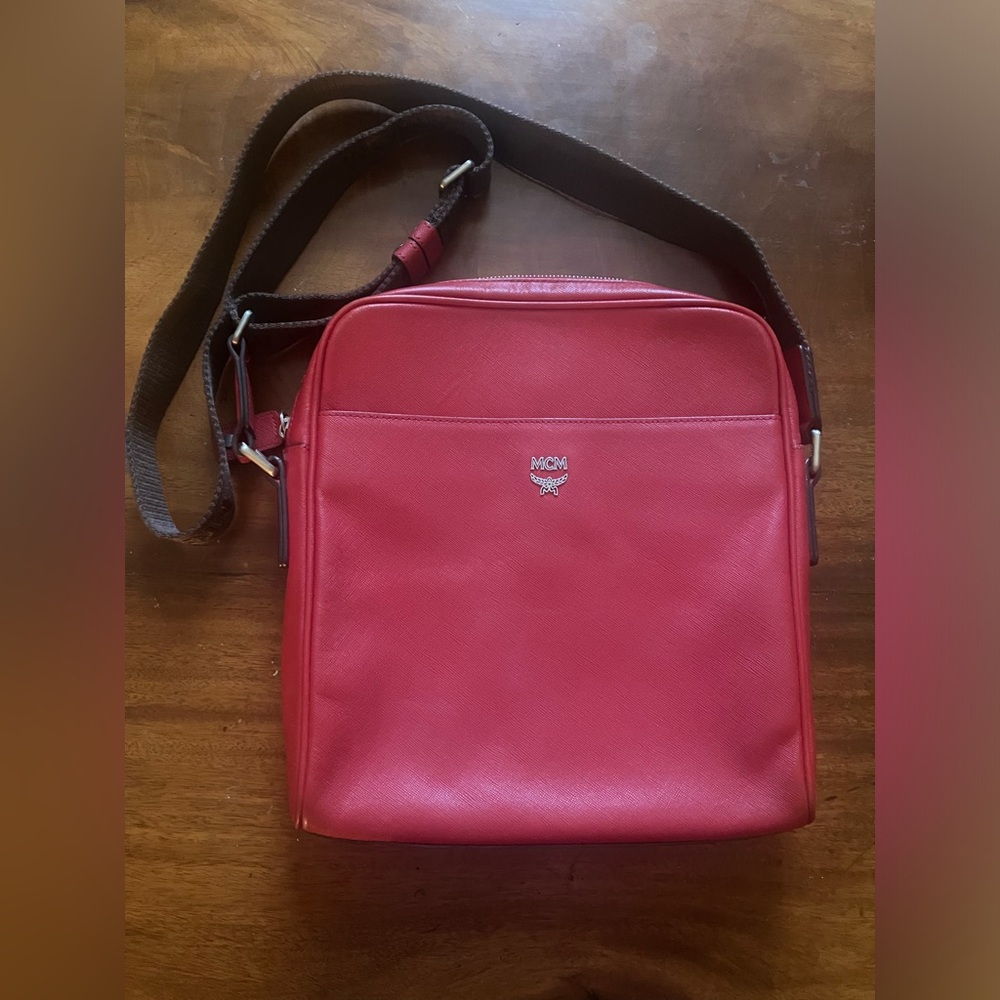 Authentic MCM Red Leather Crossbody w/Guitar Strap